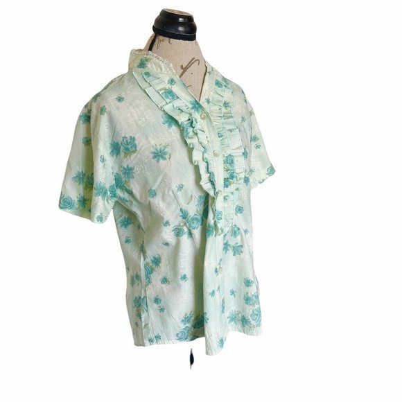 Newnoble Ruffle Floral Button Blouse Embroidered Rockabilly 50's 60's look - Picture 3 of 12